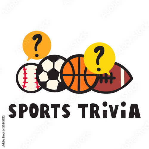 Sports trivia. Question marks. Games balls.. Hand drawn design. Illustration on white background.