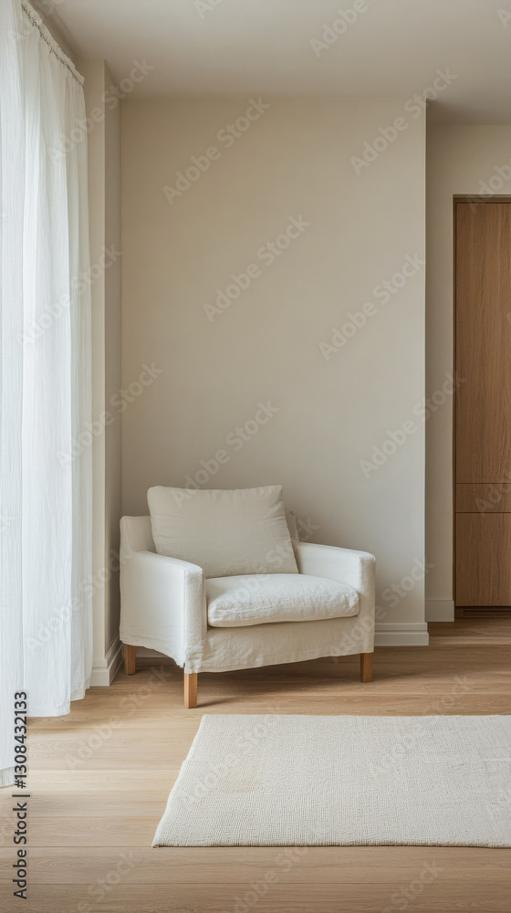 Minimalist living room featuring a cozy armchair and natural light in a modern interior Minimalist living room featuring a cozy armchair and natural light in a modern interior