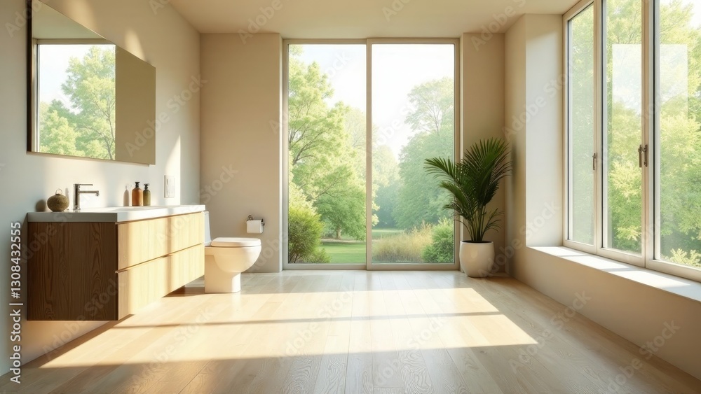 Fototapeta premium Serene minimalist bathroom design with natural light streaming through expansive windows overlooking a tranquil garden landscape, showcasing modern wooden cabinetry and a sleek toilet.