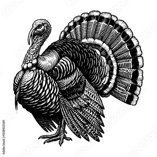 Turkey engraving black and white outline. Scratch board imitation.  illustrated in vintage line art style on a white background.
