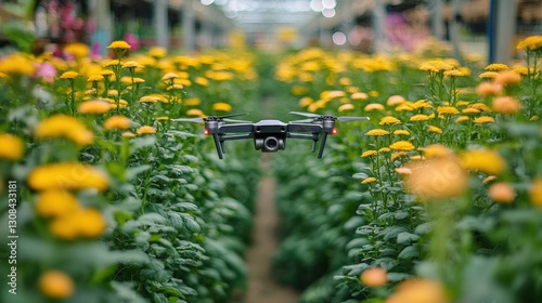 Drone flying over vibrant yellow flowers in a greenhouse, capturing stunning aerial views photo