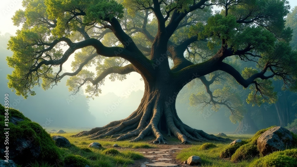 Fototapeta premium Ancient, Majestic Oak Tree in a Misty Woodland Setting with a Stone Path
