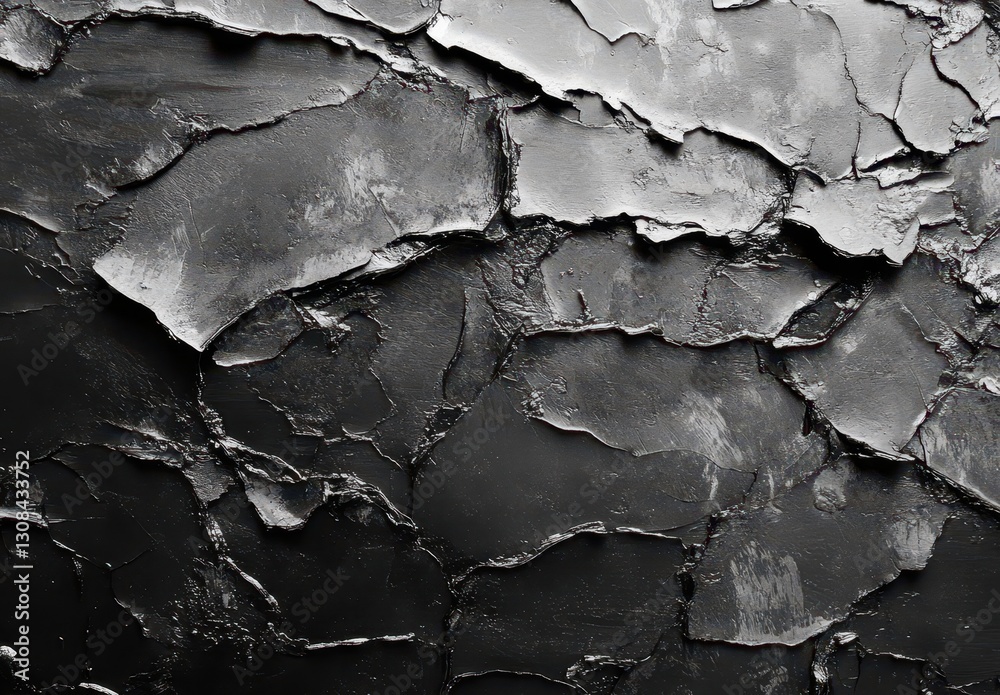 Obraz premium Abstract black surface with textured layers and cracked paint pattern, creating a dark and moody aesthetic for artistic backgrounds and designs