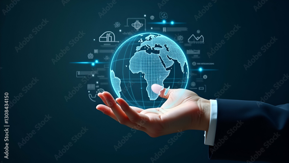 Flat Hand Interacting with Holographic Globe: A Cute Vector Illustration Showcasing Financial and Linguistic Data for Global Market Insights in Business Intelligence Flat Hand Interacting with Holographic Globe: A Cute Vector Illustration Showcasing Financial and Linguistic Data for Global Market Insights in Business Intelligence