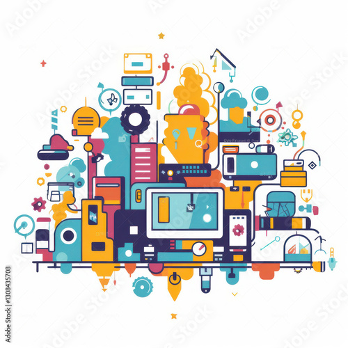 Wallpaper Mural Creative digital illustration featuring colorful technology and internet themed elements, including devices, gears, and abstract shapes, conveying sense of innovation and chaos Torontodigital.ca