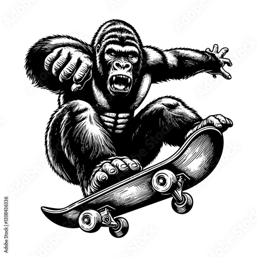 Gorilla riding skateboard sketch engraving black and white outline. Scratch board imitation.
