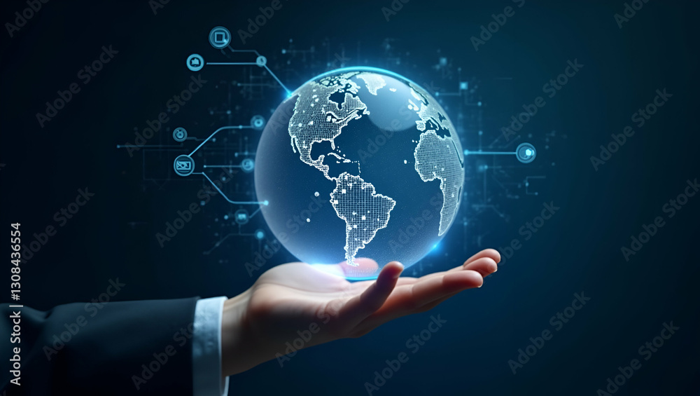 Holographic Sphere Illustrating Interconnected Systems for Digital Transformation in Business Operations Holographic Sphere Illustrating Interconnected Systems for Digital Transformation in Business Operations