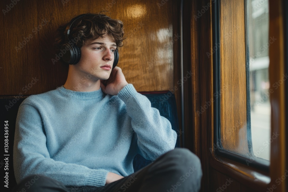 Obraz premium Young man wearing headphones, sits by a window on a train, lost in thought.