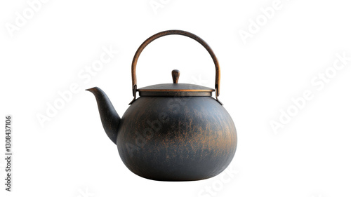 A dark, rustic teapot with a copper-colored handle and lid.  Perfect for a cozy afternoon.