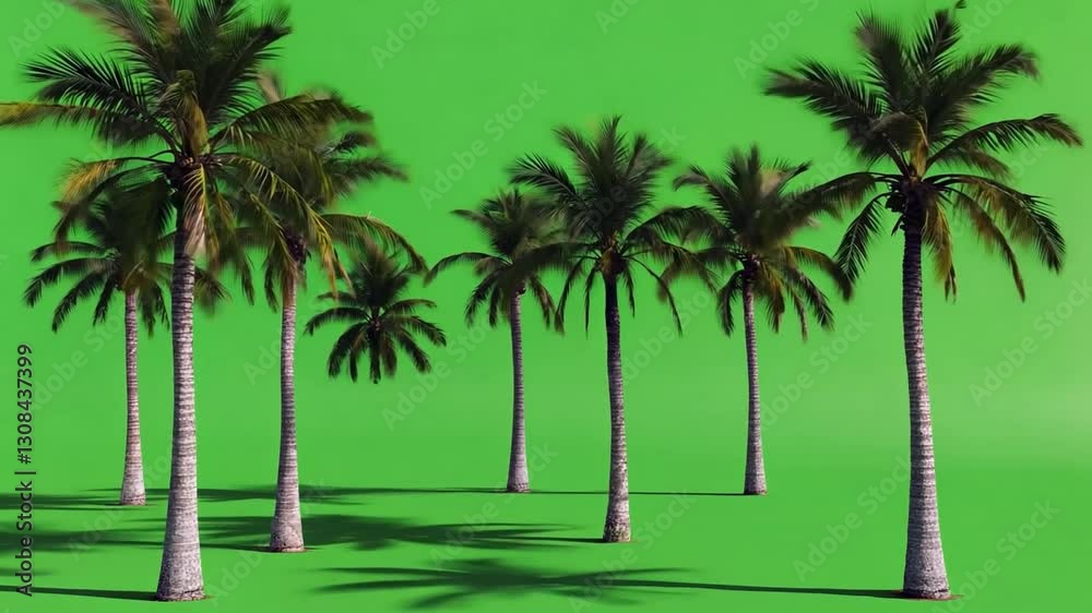 Tropical Palms on Green: A collection of tall, slender palm trees stand against a vivid, eye-catching green background, conjuring images of exotic locales and sun-kissed beaches. Tropical Palms on Green: A collection of tall, slender palm trees stand against a vivid, eye-catching green background, conjuring images of exotic locales and sun-kissed beaches.