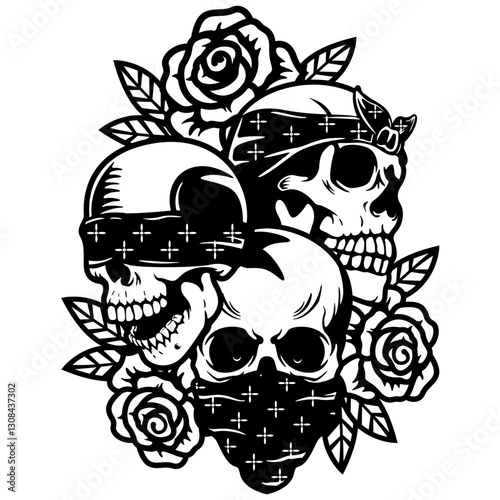 Hear Speak See | Flower Skull | 3 Bandana Skull | Floral Hear Speak See Skull | No Evil | Horror Skull | Halloween | Skeleton Head | Original Illustration | Vector and Clipart | Cutfile and Stencil