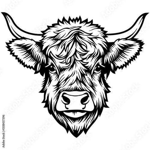 Highland Cow | Dairy Farm | Cow Head | Domestic Animal | Farm Animal | Cute Highland Cow Face | Horned Highland Cow | Highland Beef | Original Illustration | Vector and Clipart | Cutfile and Stencil