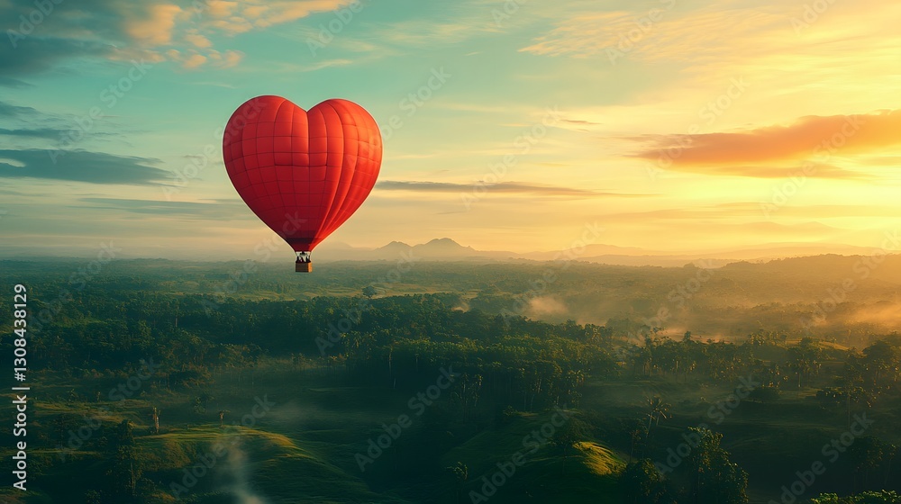 Fototapeta premium 20. A whimsical heart-shaped hot air balloon soaring in the sky above a lush landscape