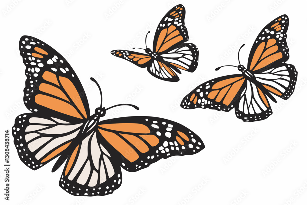 Fototapeta premium Monarch butterflies set. Vector illustration isolated on white background