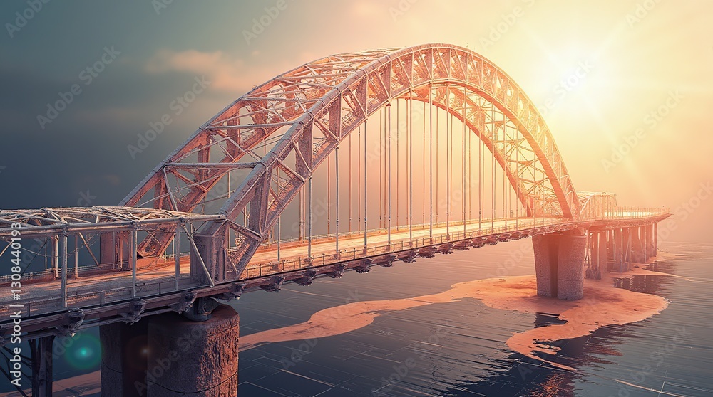 Naklejka premium Beautiful Steel Arch Bridge Illuminated by the Evening Sun Over Calm Water