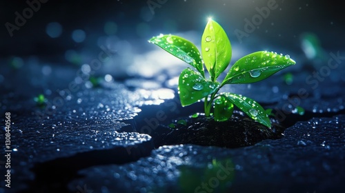 Vibrant green plant emerging through cracked earth at night