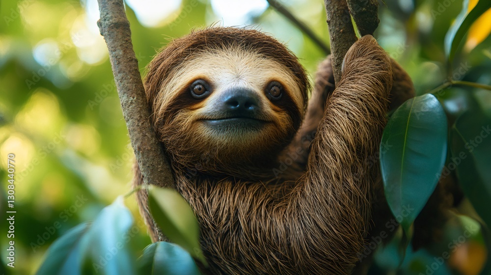 Fototapeta premium Smiling sloth hanging on a tree branch in rainforest