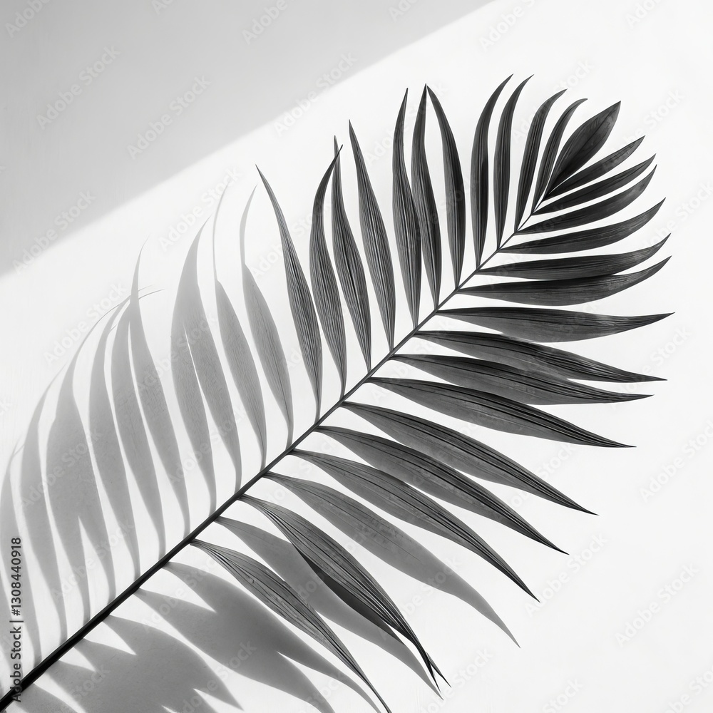 Fototapeta premium Monochrome Palm Leaf Shadow Composition Minimalist Photography, Palm Leaf, Shadow Art Palm Frond, Minimalism