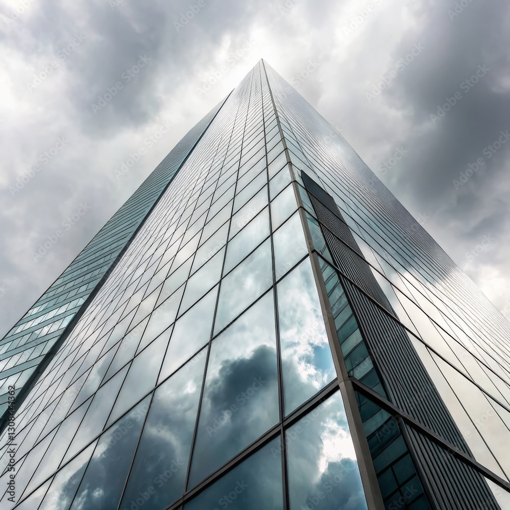 Obraz premium Glass Facade Skyscraper Low Angle Composition, Cloudy Sky Reflection, Modern Architecture. skyscraper, architecture