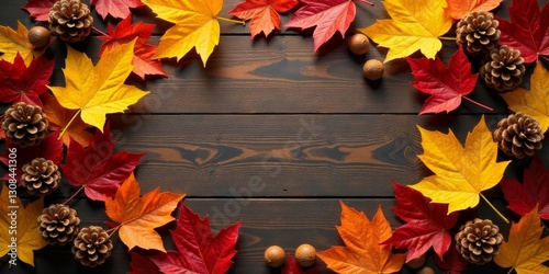 Autumnal foliage and nuts arranged on dark wood surface creating a festive seasonal border