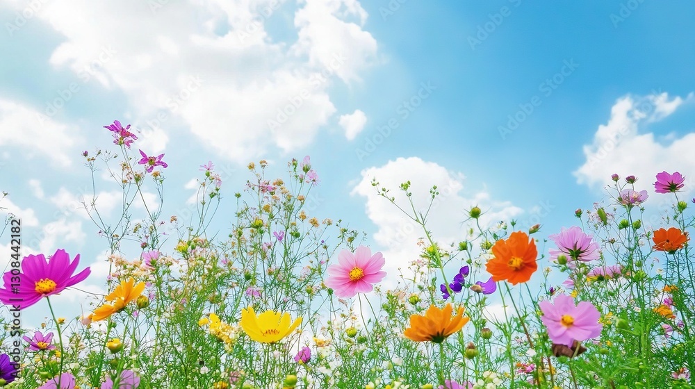 Colorful flowers in the meadow under a blue sky with white clouds. spring and summer season concept, hyper-realistic Colorful flowers in the meadow under a blue sky with white clouds. spring and summer season concept, hyper-realistic