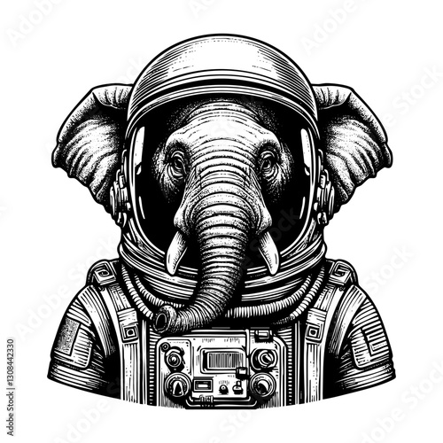 Elephant wear astronaut suit sketch engraving black and white outline. Scratch board imitation.  illustrated in vintage line art style on a white background.
