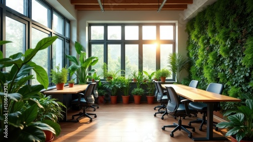 Eco workspace background, An eco-friendly workspace with green plants wooden desks sunlight ergonomic chairs and vibrant colors
