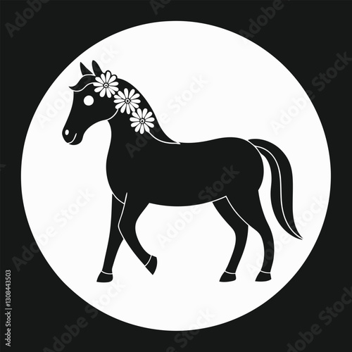 Floral Themed Horse Silhouette in Elegant Stride