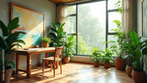 Eco workspace background, Modern eco-friendly workspace with plants bamboo furniture natural lighting and a view of lush greenery