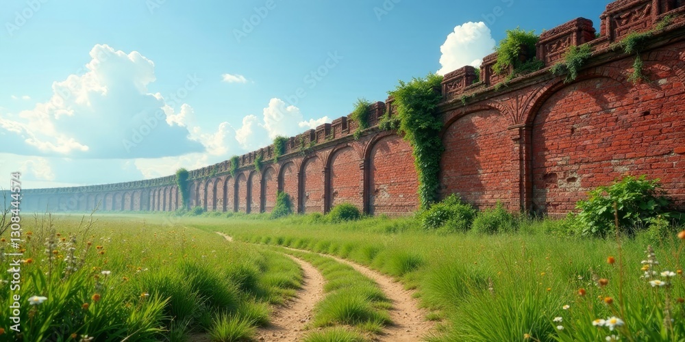 Serene Pathway Winding Through a Verdant Meadow Beside an Ancient Brick Wall Serene Pathway Winding Through a Verdant Meadow Beside an Ancient Brick Wall