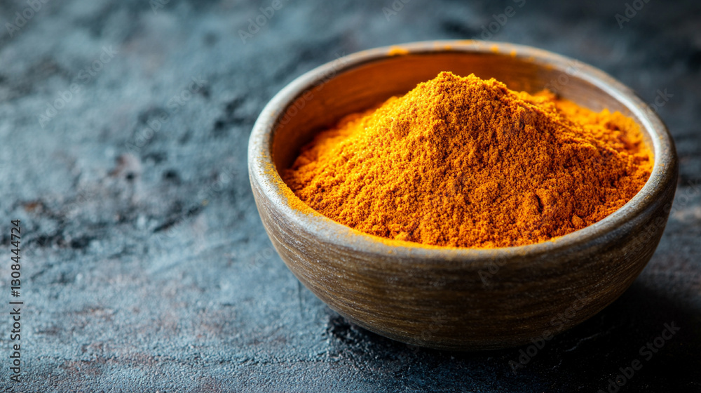 Organic turmeric powder in a bowl, vibrant yellow spice symbolizing health, wellness, and rich flavors in gourmet Indian cuisine, representing ancient traditions and modern culinary trends Organic turmeric powder in a bowl, vibrant yellow spice symbolizing health, wellness, and rich flavors in gourmet Indian cuisine, representing ancient traditions and modern culinary trends