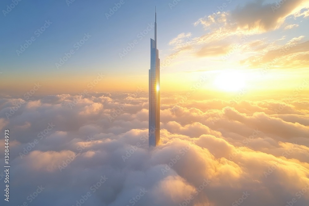 Majestic Skyscraper Above the Clouds at Sunrise