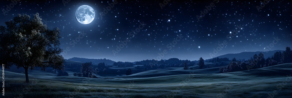 Fototapeta premium Tranquil Midnight Landscape Illuminated by Enchanting Starlight and Serene Moonlight under a Vast, Mesmerizing Night Sky