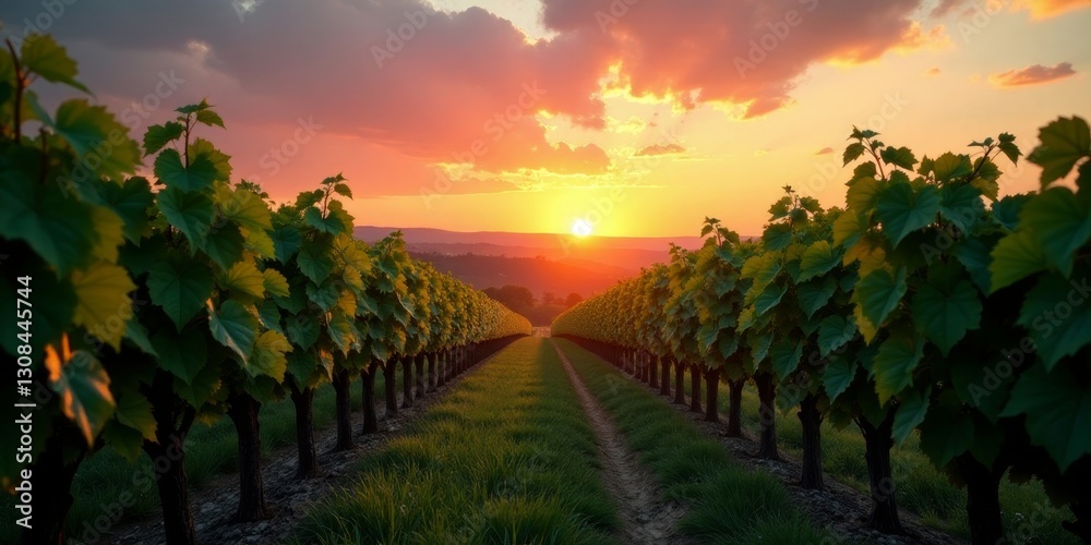 Naklejka premium Serene Vineyard Sunset Rows of grapevines bathed in the warm glow of a picturesque sunset, creating a tranquil and idyllic landscape.