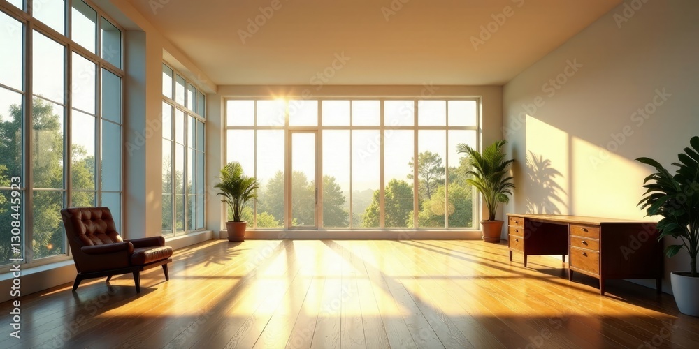 Sunlit Modern Room with Hardwood Floor and Expansive Windows Featuring Comfortable Lounge Chair and Wooden Desk Sunlit Modern Room with Hardwood Floor and Expansive Windows Featuring Comfortable Lounge Chair and Wooden Desk