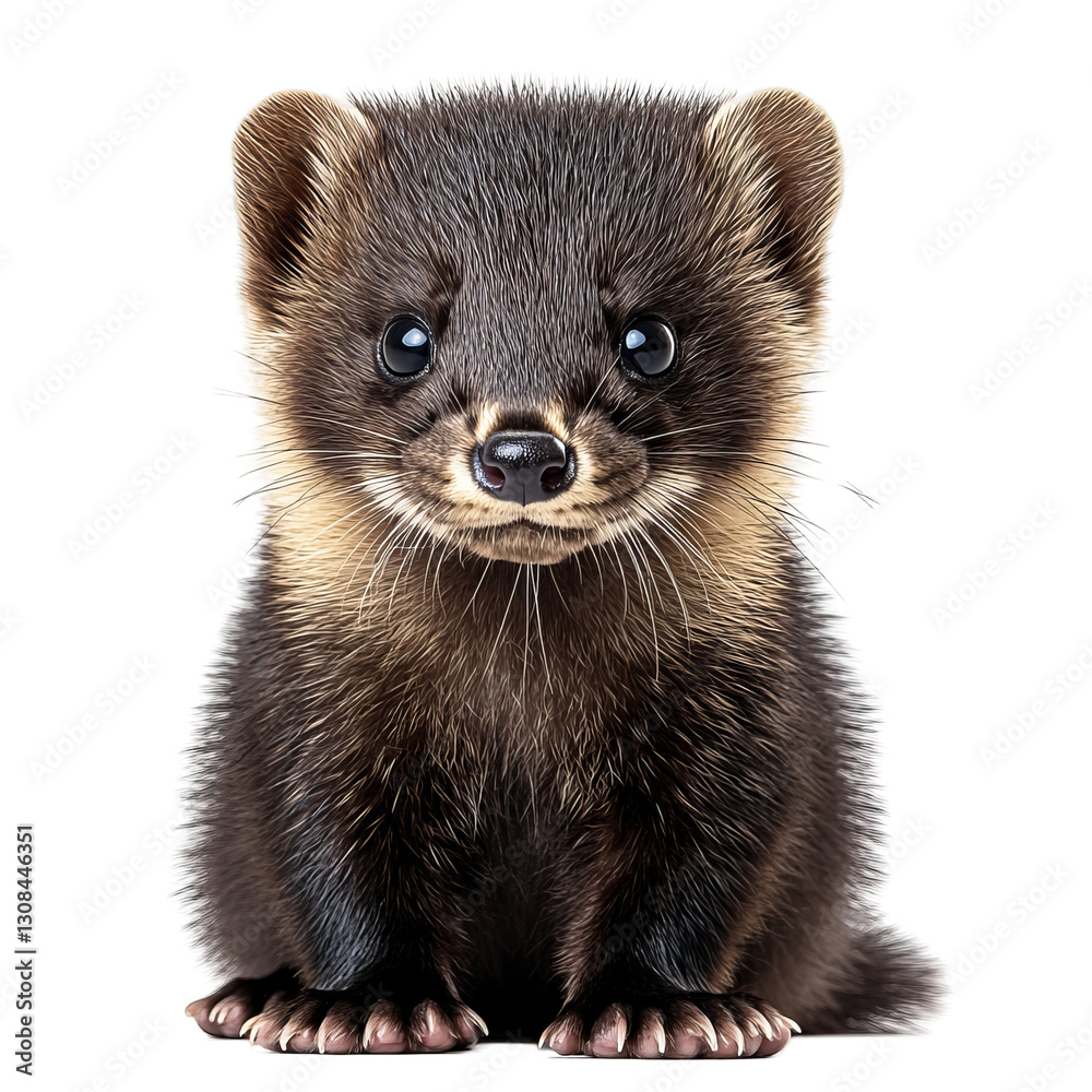 Fototapeta premium Adorable Pine Marten Kit Sitting And Looking Forward. 