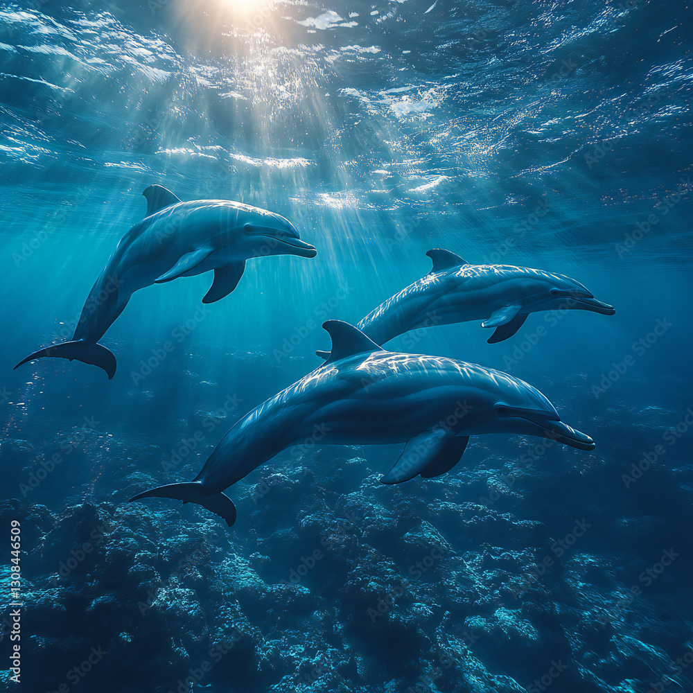 Obraz premium A peaceful underwater scene of a group of dolphins swimming near the ocean surface