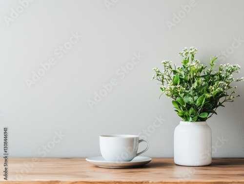 Wallpaper Mural A cozy scene featuring a white cup on a saucer beside a vase of fresh flowers, set against a minimalist wall. Torontodigital.ca