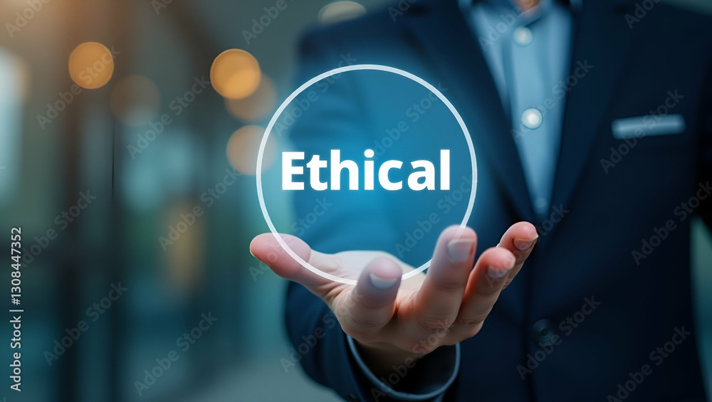 Professional Setting: Hand Holding Holographic Board Illustrating Ethical Business Practices - Stock Photo Concept with Empty Space on Left Side for Customization Professional Setting: Hand Holding Holographic Board Illustrating Ethical Business Practices - Stock Photo Concept with Empty Space on Left Side for Customization