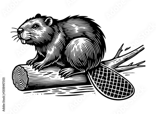 Beaver sketch engraving black and white outline. Scratch board imitation.  illustrated in vintage line art style on a white background.