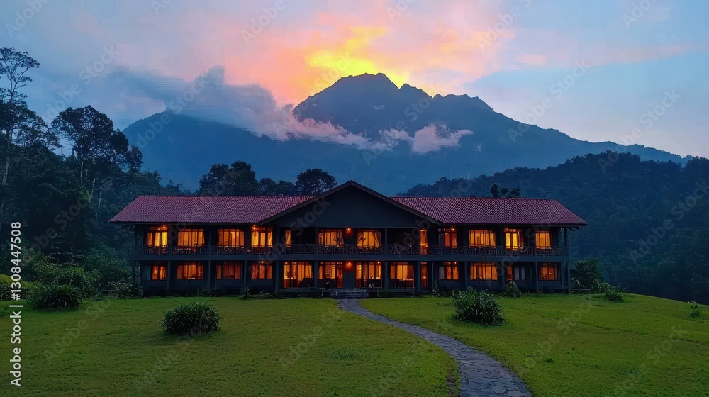 A serene mountain lodge at sunset, surrounded by lush greenery and towering peaks, creating a peaceful retreat in nature. A serene mountain lodge at sunset, surrounded by lush greenery and towering peaks, creating a peaceful retreat in nature.