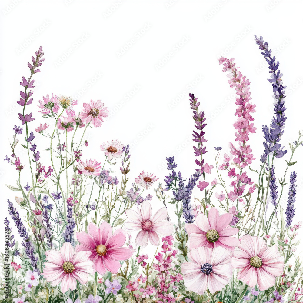 Naklejka premium Floral arrangement featuring pink, lavender, and white flowers, creating serene and vibrant atmosphere. Perfect for backgrounds or decorative purposes