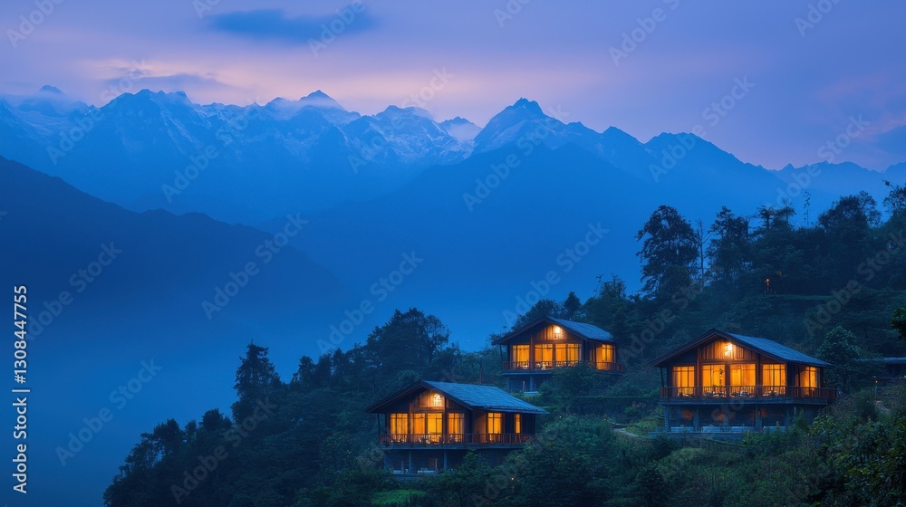 Fototapeta premium A serene landscape featuring illuminated cabins nestled in a misty valley, with majestic mountains in the background during twilight.
