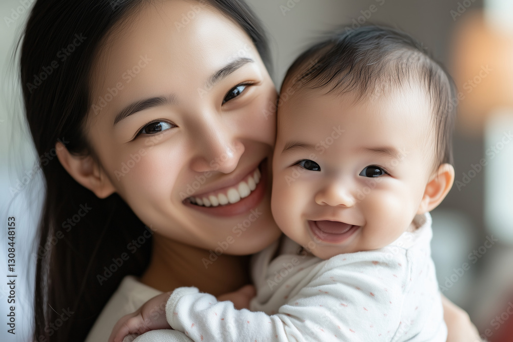 Asian woman is holding a baby and smiling. The baby is smiling back at her. Scene is happy and loving Asian woman is holding a baby and smiling. The baby is smiling back at her. Scene is happy and loving