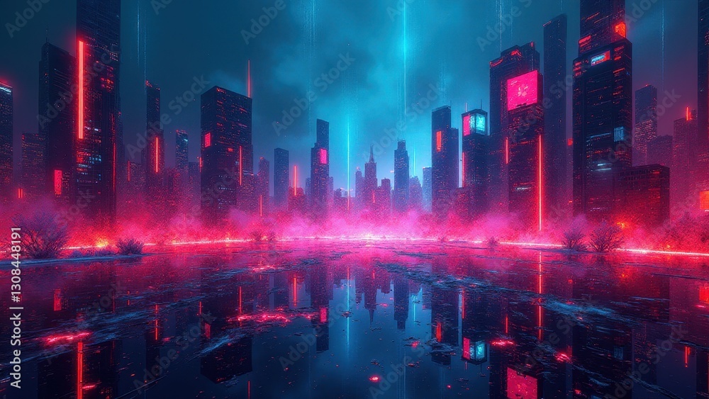 Fototapeta premium Fragmented digital visuals, A glowing digital cyberscape shatters into geometric shards with pulsating neon fractals and bright electric hues spilli