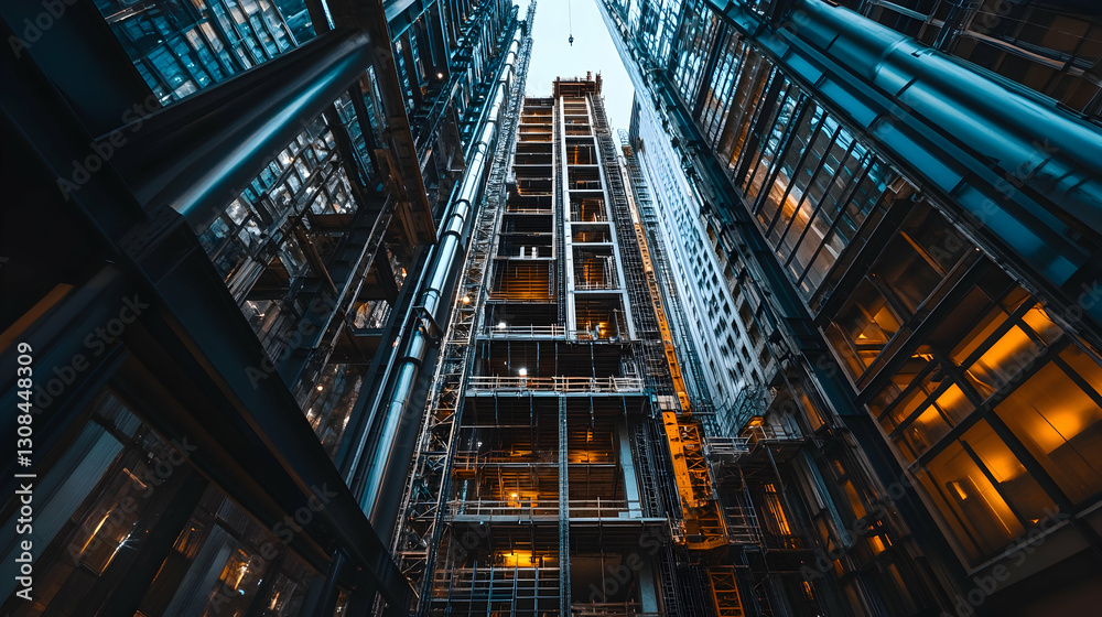 A massive construction site at sunrise, featuring towering cranes