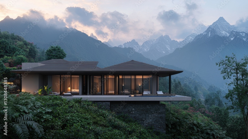 A modern house nestled in lush greenery, surrounded by majestic mountains, illuminated by soft lights during twilight. A modern house nestled in lush greenery, surrounded by majestic mountains, illuminated by soft lights during twilight.