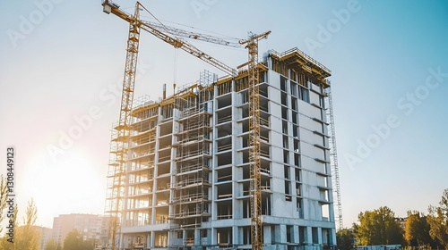 A massive construction site at sunrise, featuring towering cranes