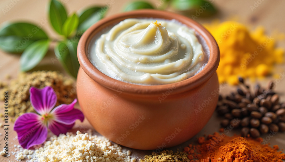 Ayurvedic herbal hair mask in clay pot with natural ingredients, beauty care Ayurvedic herbal hair mask in clay pot with natural ingredients, beauty care