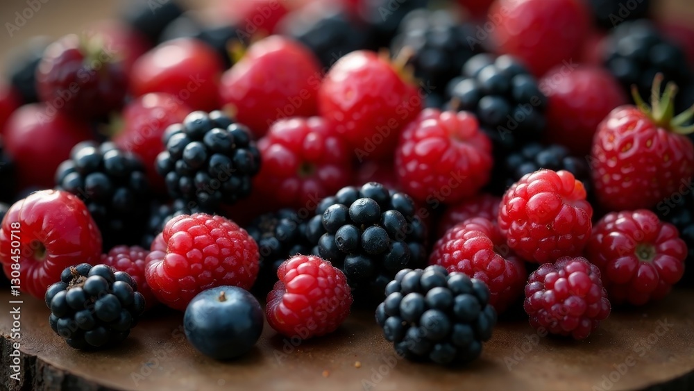 A vibrant collection of assorted summer berries, including plump raspberries, sweet cherries, and juicy blackberries, artfully arranged on a rustic wooden surface. A vibrant collection of assorted summer berries, including plump raspberries, sweet cherries, and juicy blackberries, artfully arranged on a rustic wooden surface.
